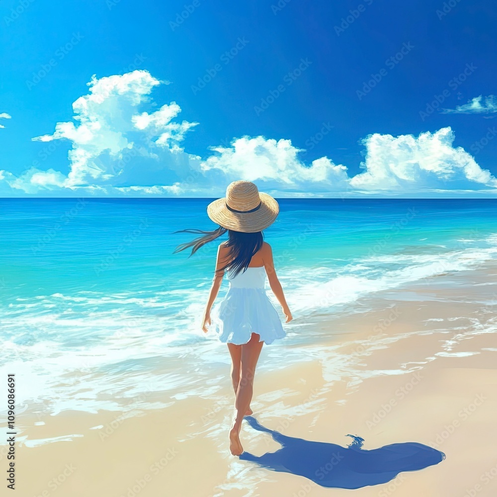 Obraz premium Walking along the shore in a white dress and sunhat on a sunny beach day