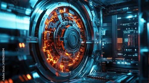 Digital futuristic cryptocurrency vault, with complex security mechanisms, metallic surfaces, and high-tech interfaces, evoking a sci-fi cinematic design