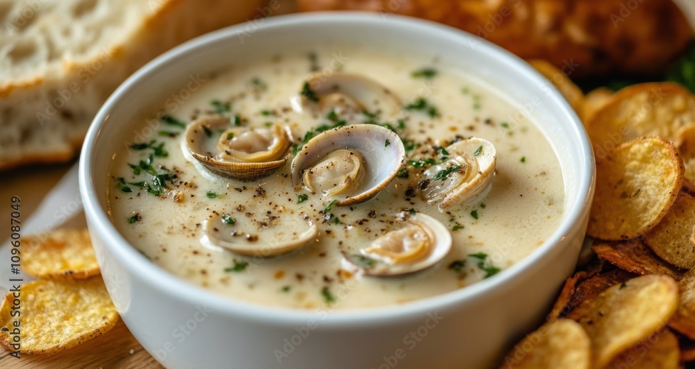 Creamy clam chowder served with crispy chips and fresh bread on a rustic wooden table Creamy clam chowder served with crispy chips and fresh bread on a rustic wooden table