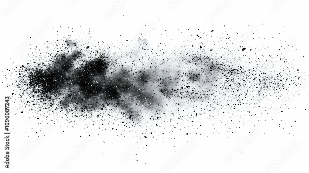 Fototapeta premium Abstract Black Dust Explosion Splashes Against White Background, Creating a Dynamic and Textural Design Element.