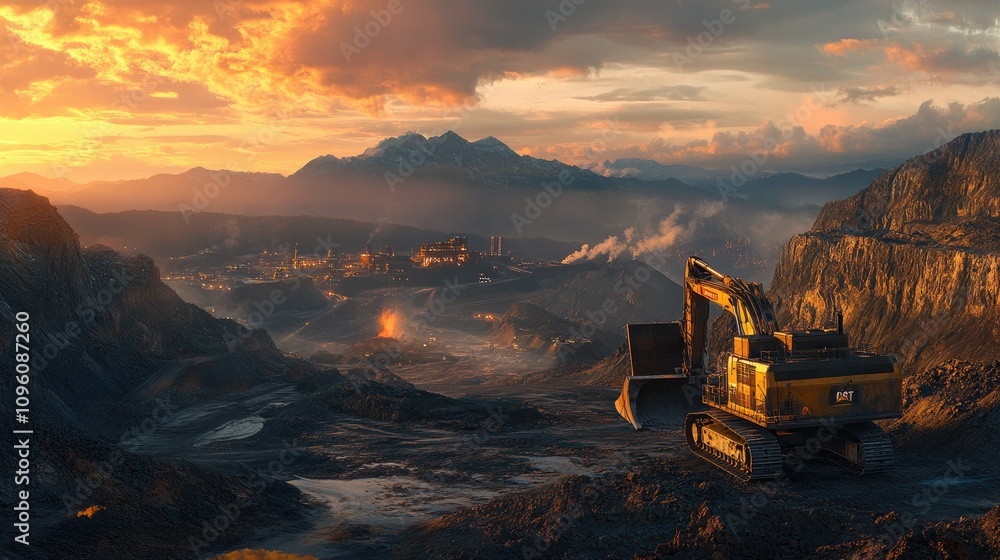 Excavator in a rugged mountain mining environment, operating at sunrise with dramatic clouds and vibrant colors in the sky, creating an epic industrial scene Excavator in a rugged mountain mining environment, operating at sunrise with dramatic clouds and vibrant colors in the sky, creating an epic industrial scene