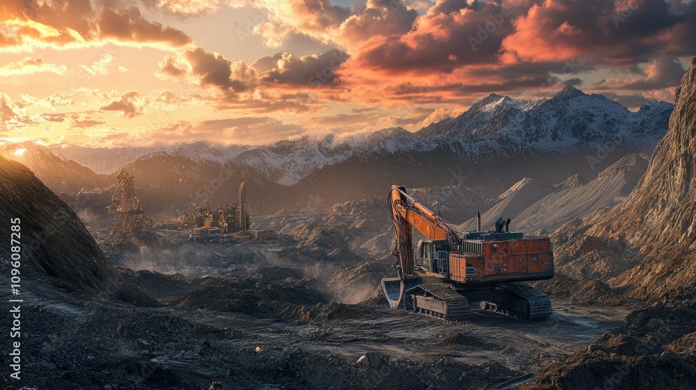Excavator in a rugged mountain mining environment, operating at sunrise with dramatic clouds and vibrant colors in the sky, creating an epic industrial scene Excavator in a rugged mountain mining environment, operating at sunrise with dramatic clouds and vibrant colors in the sky, creating an epic industrial scene
