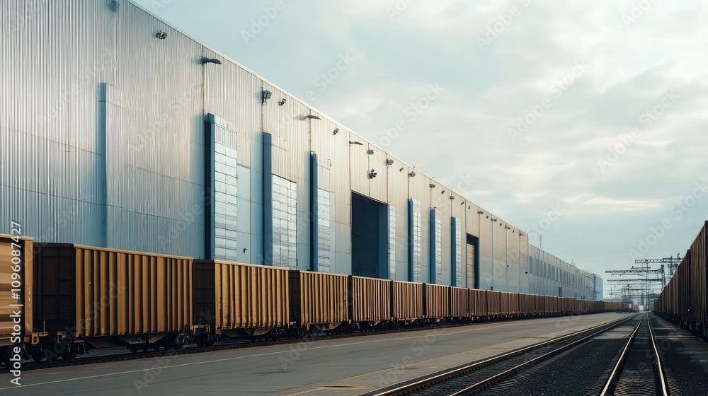 Fototapeta premium Exterior view of a large industrial warehouse building with a row of freight cars, highlighting the scale and functionality of industrial infrastructure