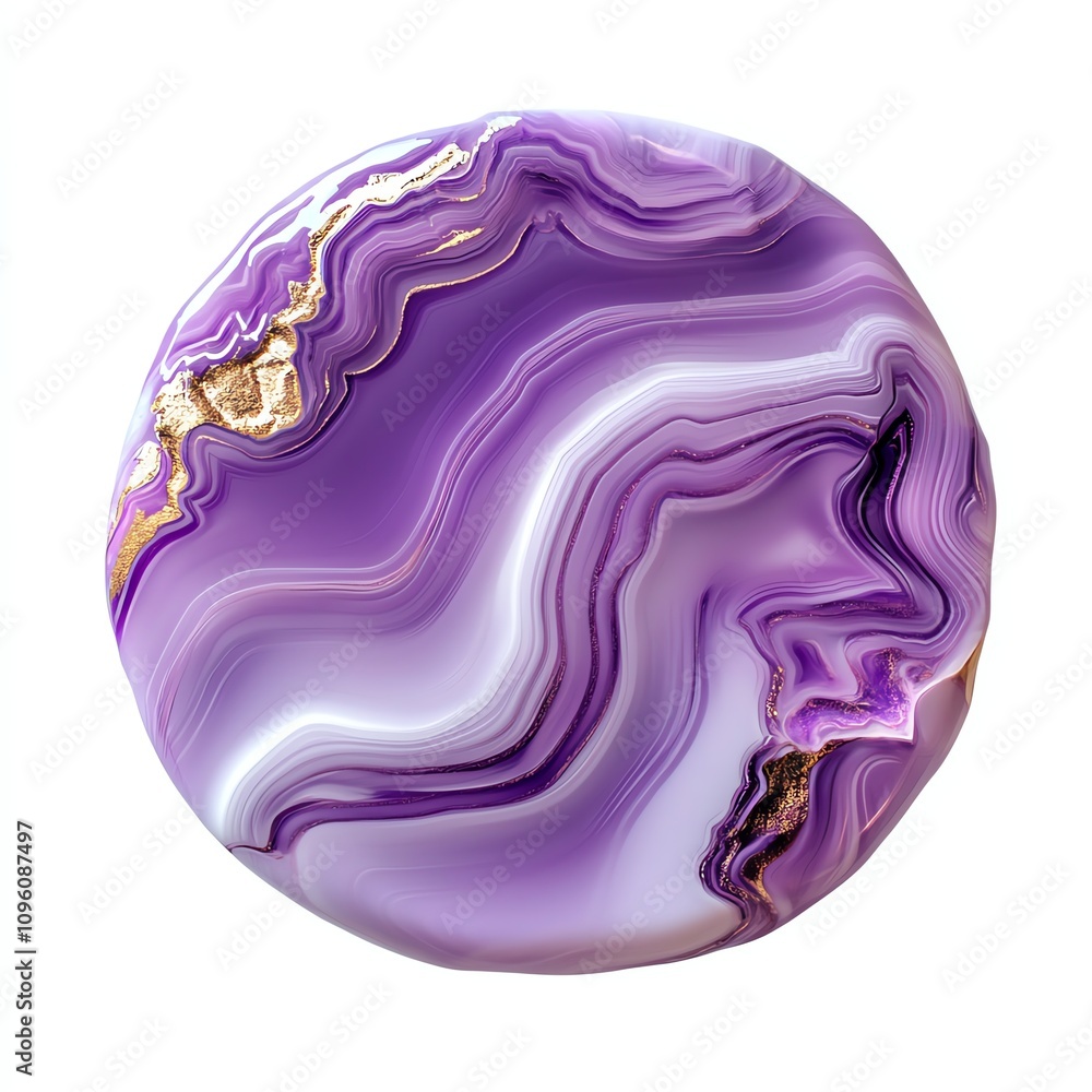 Purple agate stone with wavy patterns on a white isolated background. Purple agate stone with wavy patterns on a white isolated background.