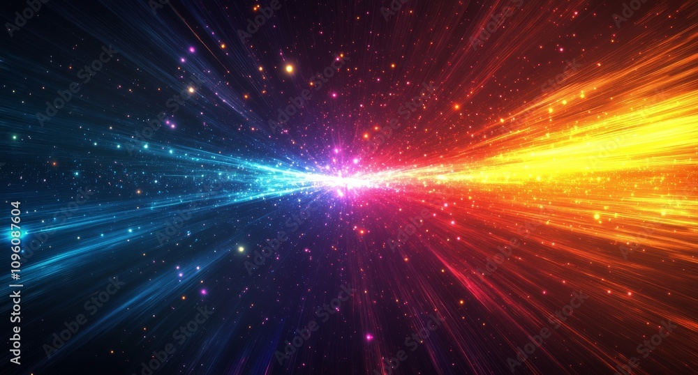 Bright colorful beams of light radiate across a dark background in a cosmic display
