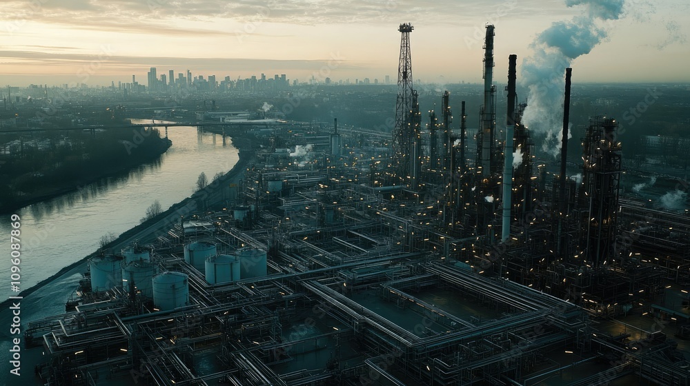 Obraz premium High-altitude view of an oil refinery complex with fuel tanks, pipelines, and industrial equipment, set against an urban cityscape along a river