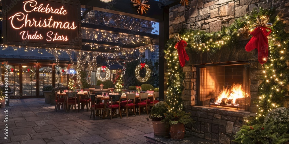 Obraz premium An outdoor dining area with Christmas lights, wreaths, and a glowing fireplace, with a greeting that says, 
