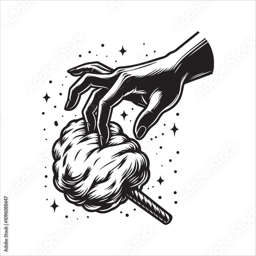 Hand Holding a Delicious Fluffy Cotton Candy. A stylized, black and white illustration of a hand holding a fluffy cotton candy on a stick.