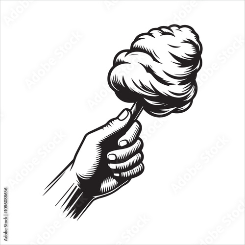 Hand Holding a Delicious Fluffy Cotton Candy. A stylized, black and white illustration of a hand holding a fluffy cotton candy on a stick.