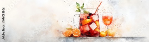 Sangria Delight, vibrant pitcher of fruit-infused red wine, inviting watercolor glasses, set on a charming rustic table, perfect for gatherings
