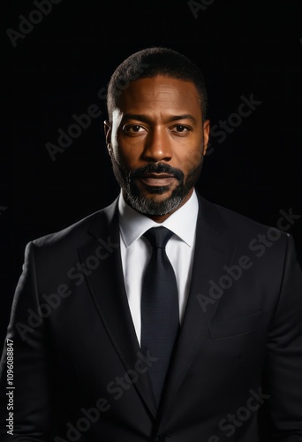 Professional headshot, confident African American man, dark suit, white shirt, black tie, well-groomed beard, short hair, serious expression, studio lighting, dark background, corporate portrait, exec