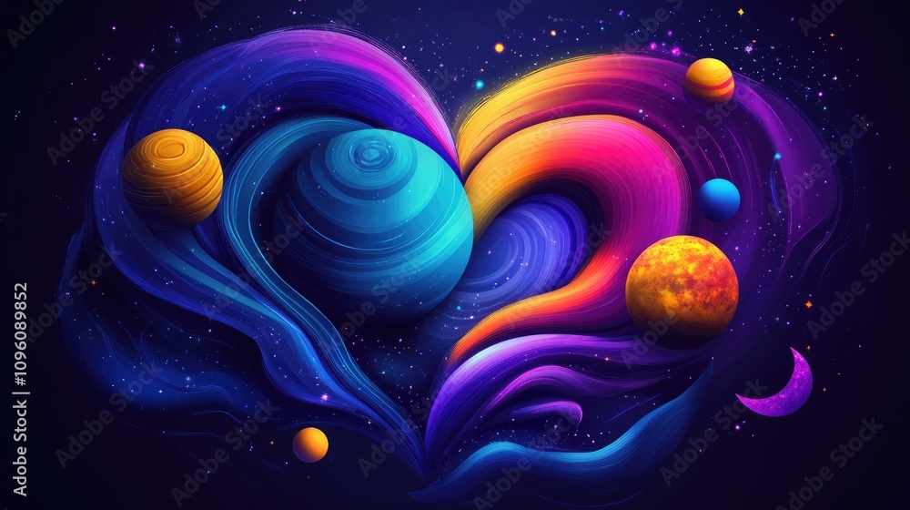 Naklejka premium Vibrant Cosmic Heart: A Colorful Fusion of Celestial Art and Galactic Imagination