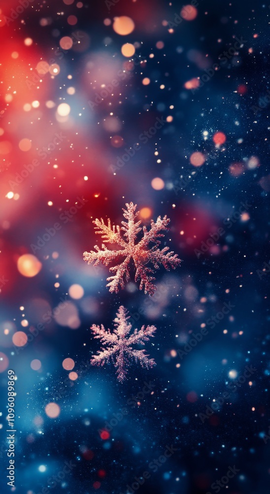 Beautiful red and blue background with falling snowflakes during a winter evening Beautiful red and blue background with falling snowflakes during a winter evening