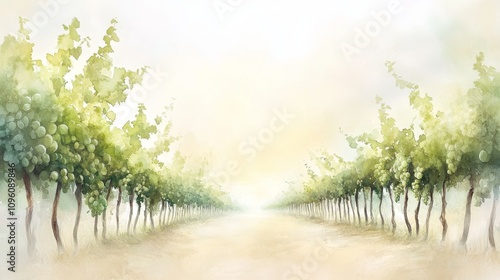 Sunlit vineyard landscape, lush grapevines laden with ripe fruit, gentle watercolor hues create a serene and vibrant rural scene