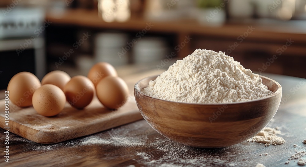 Fototapeta premium Flour pile with eggs on wooden table in a cozy kitchen setting during daylight hours