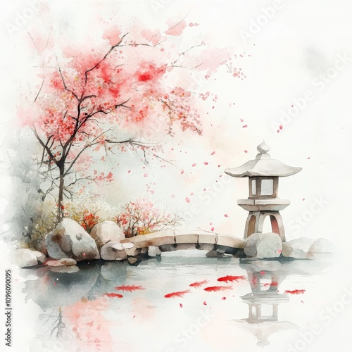 Serene Japanese spring garden, cherry blossoms cascading, koi pond reflecting petals, traditional lantern, vibrant watercolor ambiance