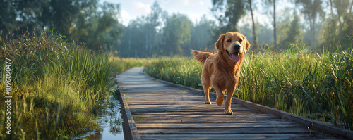 golden retriever dog walking on wooden boardwalk surrounded by lush greenery and sunlight. scene evokes sense of joy and tranquility