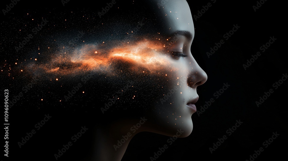Serene Human Profile with Cosmic Double Exposure to Evoke Tranquility and Wonder, Featuring Starry Nebula and Dreamy Atmosphere in Stunning Visual Art Serene Human Profile with Cosmic Double Exposure to Evoke Tranquility and Wonder, Featuring Starry Nebula and Dreamy Atmosphere in Stunning Visual Art