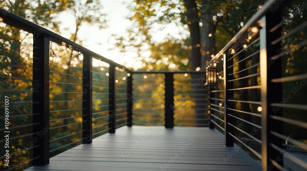 Frontal view of a contemporary deck railing with horizontal steel cables and a predominantly light gray design for a modern aesthetic. Frontal view of a contemporary deck railing with horizontal steel cables and a predominantly light gray design for a modern aesthetic.