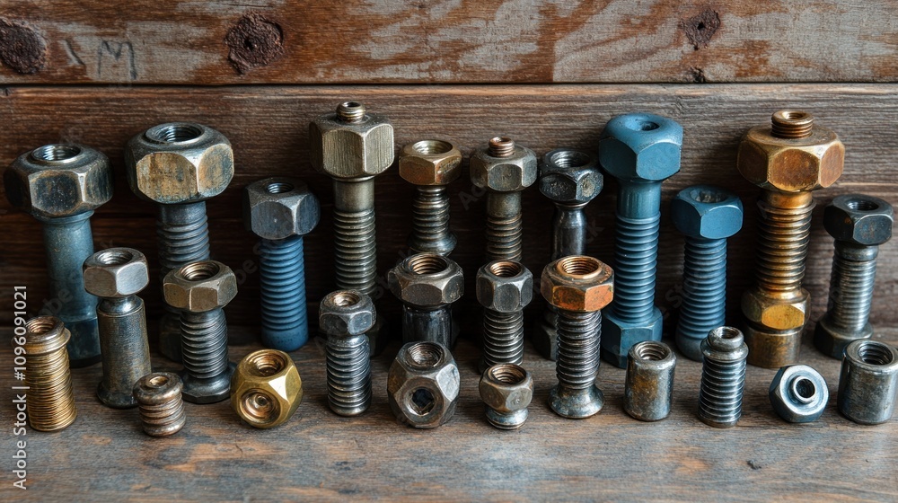 A collection of various metal bolts and nuts arranged on a wooden surface. A collection of various metal bolts and nuts arranged on a wooden surface.