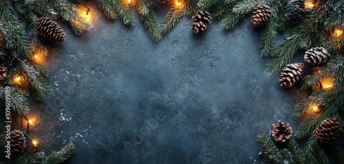 Festive pine branches with glowing lights and pine cones on a dark background in winter