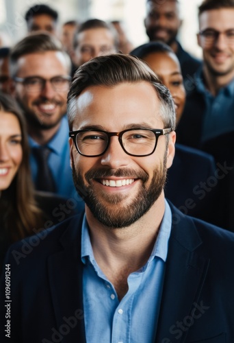 Professional headshot, bearded man, glasses, bright smile, blue shirt, diverse group background, corporate team, bokeh effect, warm lighting, confidence, friendly expression, soft focus, high-quality 