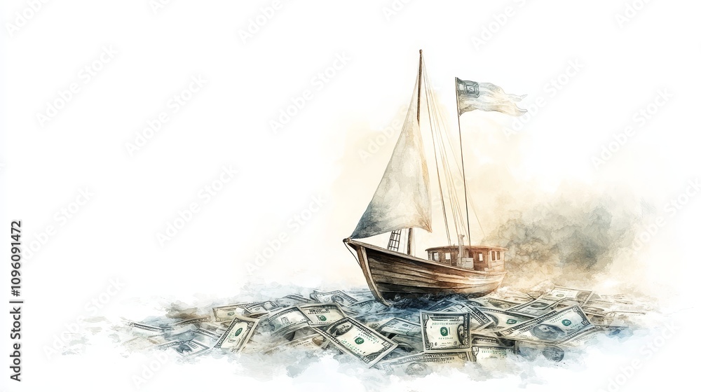 Obraz premium Financial Voyage, A vibrant watercolor depicting a boat on a sea of dollar bills, featuring an investment fund flag, symbolizing financial navigation