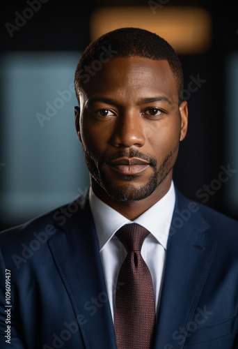 Confident business man black businessman portrait Ultra realistic Photorealistic hyperdetailed photography soft light head and shoulders portrait cover