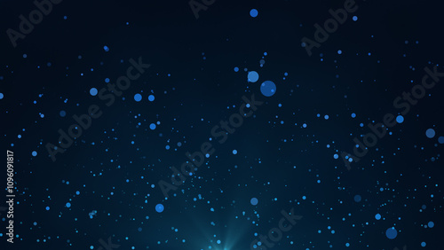 Blue bokeh particles floating in the air on a dark background, horizontal composition. Light rays at the bottom.