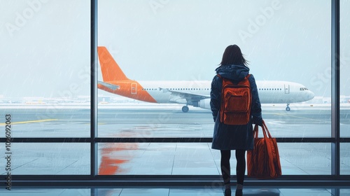 Individual Preparing for Journey at Airport Terminal with Airplane in Background Under Cloudy Sky Reflecting Each Step of Travel Process in Modern Environment photo