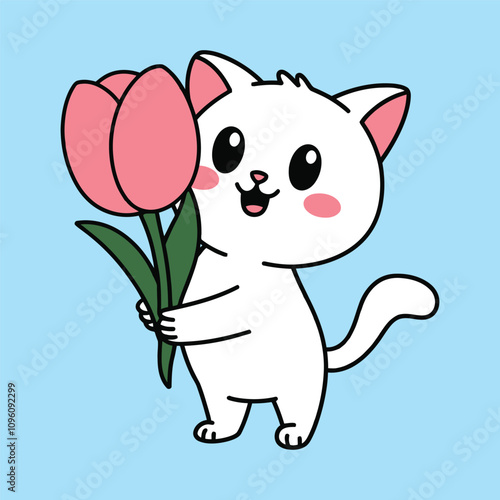 Cute Cartoon Cat Holding a Big Tulip Flower Illustration