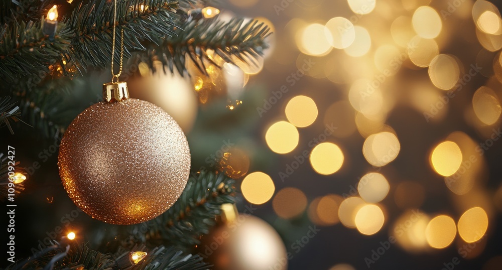 Golden ornaments hang gracefully on a Christmas tree adorned with twinkling lights Golden ornaments hang gracefully on a Christmas tree adorned with twinkling lights