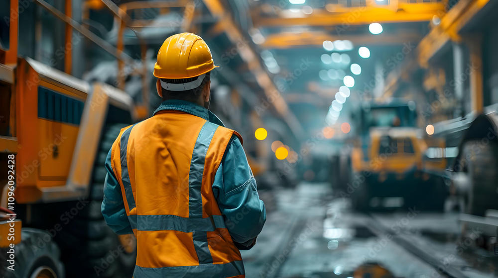 Construction Worker in Hard Hat Surveys Industrial Site with Heavy Machinery Construction Worker in Hard Hat Surveys Industrial Site with Heavy Machinery