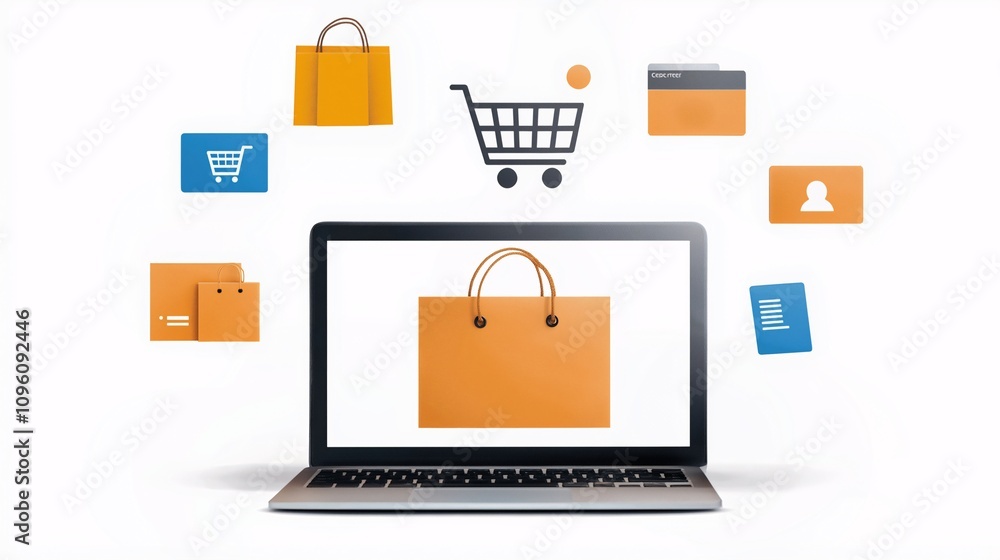 Online Shopping Concept Featuring a Laptop with a Shopping Bag and Icons Representing E-commerce Transactions and Digital Retail Activities Online Shopping Concept Featuring a Laptop with a Shopping Bag and Icons Representing E-commerce Transactions and Digital Retail Activities