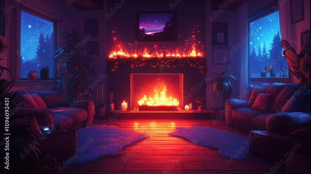 Cozy Living Room with Warm Fireplace and Starry Night Sky, Inviting Atmosphere Enhanced by Soft Lighting, Lush Greenery, and Decorative Accents for Relaxation and Comfort Cozy Living Room with Warm Fireplace and Starry Night Sky, Inviting Atmosphere Enhanced by Soft Lighting, Lush Greenery, and Decorative Accents for Relaxation and Comfort
