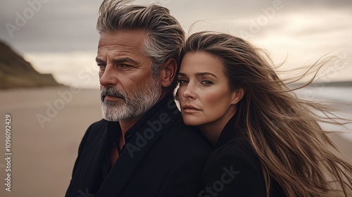 Stylish Mature Couple Posing Serenely on a Tranquil Beach at Sunset