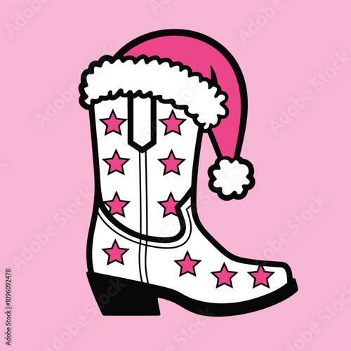 Pink Christmas Cowboy Boot with Stars Illustration