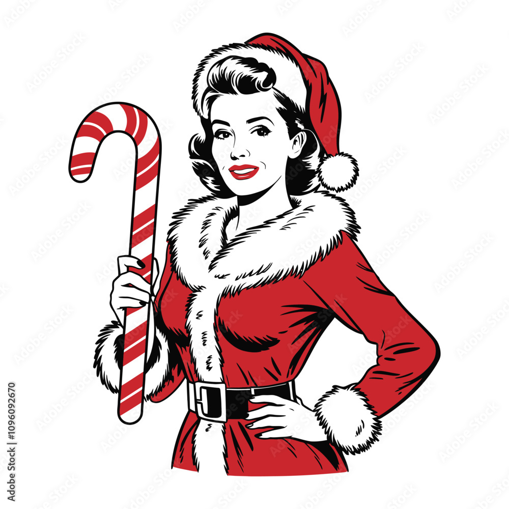 Retro Christmas Woman Holding Candy Cane