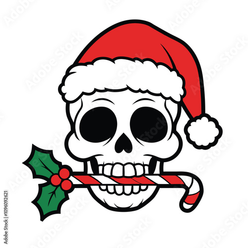 Festive Skull with Santa Hat and Candy Cane