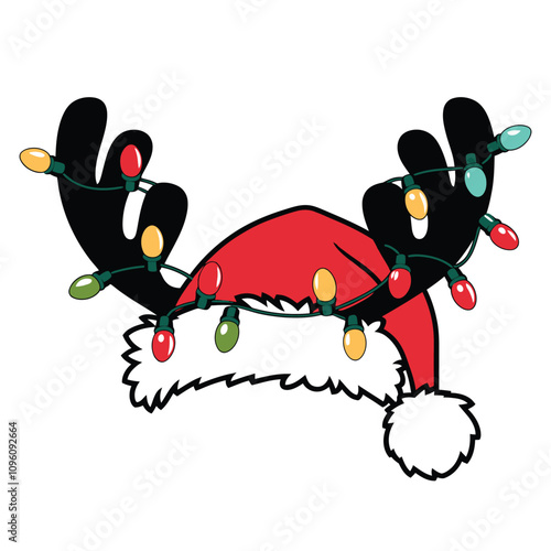 Christmas antlers with lights and Santa hat illustration