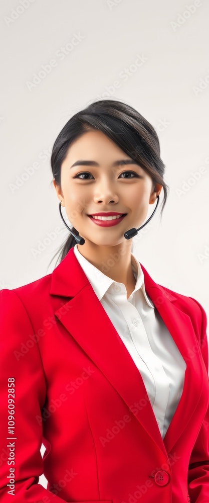 A smiling businesswoman wearing glasses and a headset, dressed in a red suit, looking professional in an office setting A smiling businesswoman wearing glasses and a headset, dressed in a red suit, looking professional in an office setting