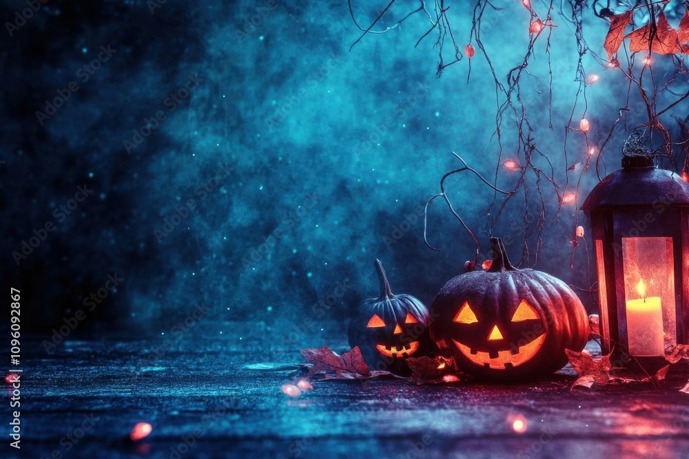 Naklejka premium Spooky Jack-o'-Lanterns Glowing in the Dark with Mystical Fog and Twinkling Lights for a Haunting Halloween Celebration