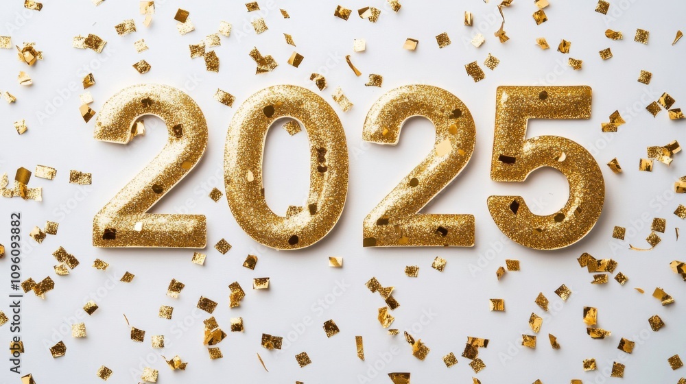 Flat lay design with gold confetti and 2025 in bold numbers Flat lay design with gold confetti and 2025 in bold numbers
