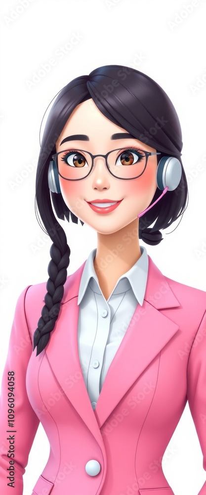 A smiling businesswoman wearing glasses and a headset, dressed in a suit, looking professional in an office setting A smiling businesswoman wearing glasses and a headset, dressed in a suit, looking professional in an office setting