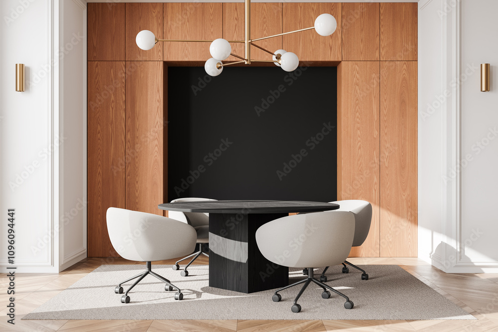 Obraz premium Minimalist modern conference room with light chairs, round table, and chandelier in a wooden accent wall setting. 3D Rendering. 3D Rendering