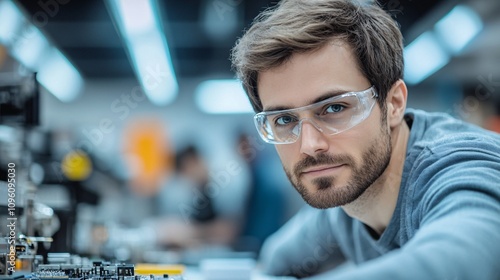 An engineer, wearing safety glasses, a small robot in a state-of-the-art laboratory. The workspace is filled with electronic components, circuit boards, and advanced tools, 