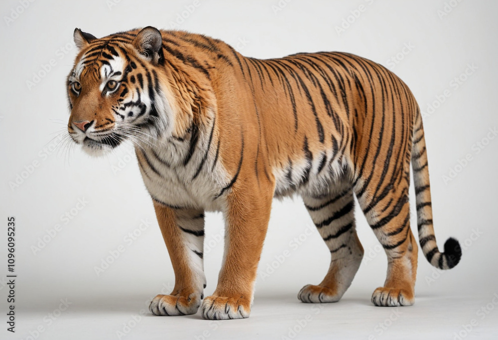 standard Tiger right side view. Full figure visible, flat white background, no shadows, head and legs visible, ultra detailed, photorealistic 400mm lens, low angle standard Tiger right side view. Full figure visible, flat white background, no shadows, head and legs visible, ultra detailed, photorealistic 400mm lens, low angle
