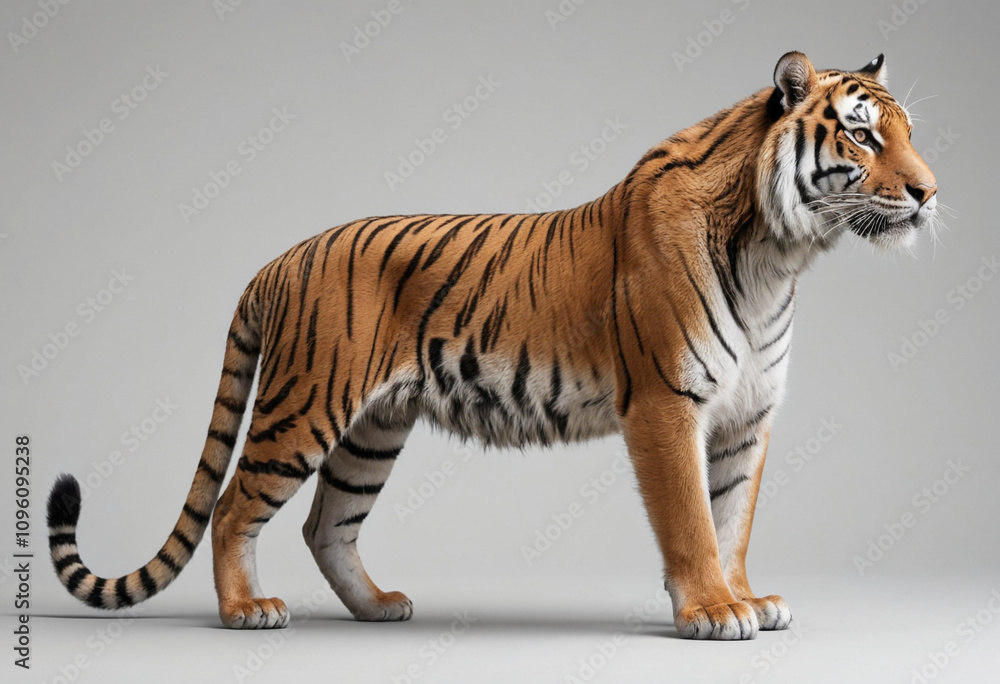 Obraz premium standard Tiger right side view. Full figure visible, flat white background, no shadows, head and legs visible, ultra detailed, photorealistic 400mm lens, low angle