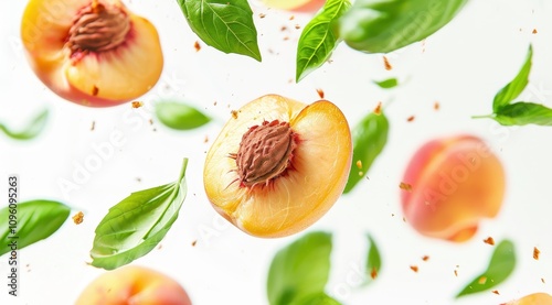 peach and basil floating in the air, close up, white background, vibrant colors, food photography