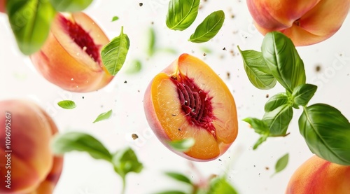 peach and basil floating in the air, close up, white background, vibrant colors, food photography